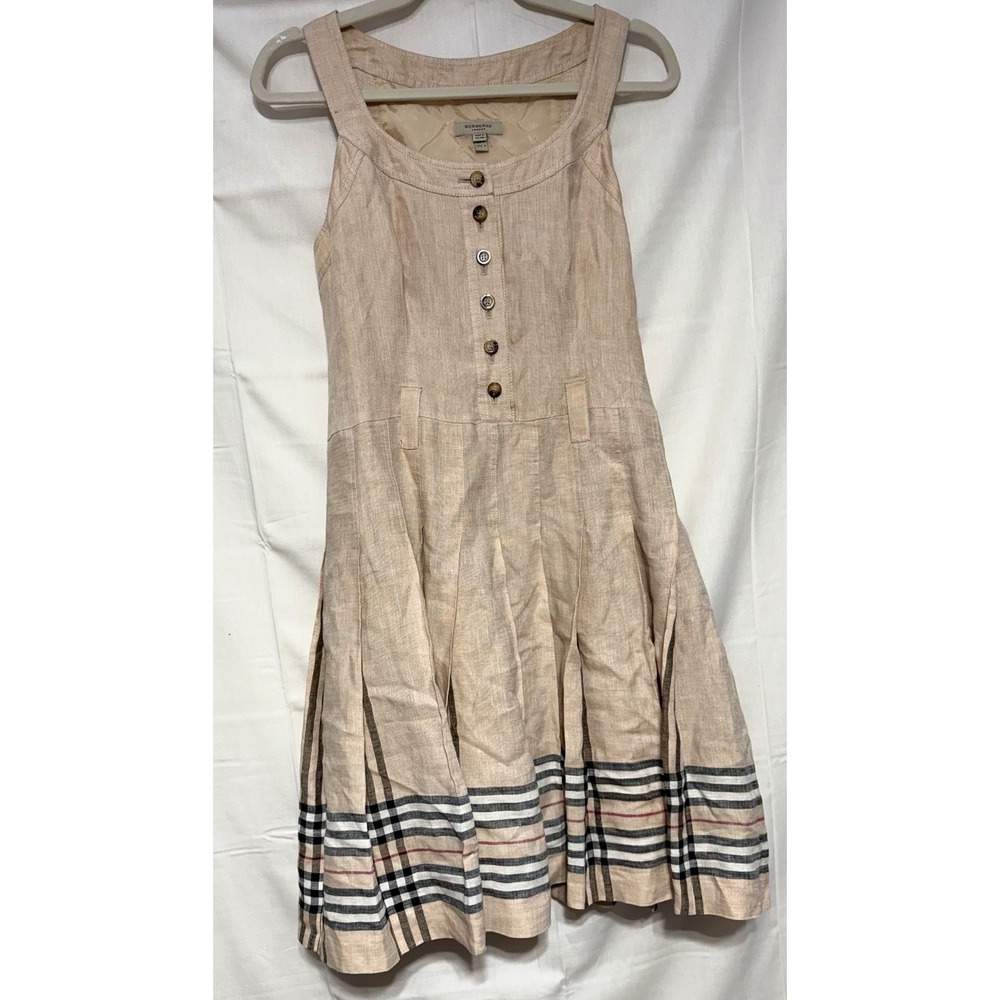 Burberry London Beige 100% Linen Sleeveless Dress Nova Check Hem Size US 8